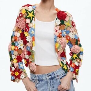 Alice + Olivia Fawn Collage Crochet Cardigan Sweater Cotton Floral M L